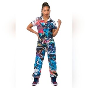 Y2K Funky Diva VTG Hip Hop Graffiti Jumpsuit Collared Short Sleeve Women's XS